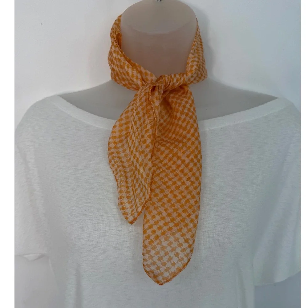 Vintage 100% Pure Silk Orange Houndstooth Square Scarf Neckerchief Preppy 105-31
